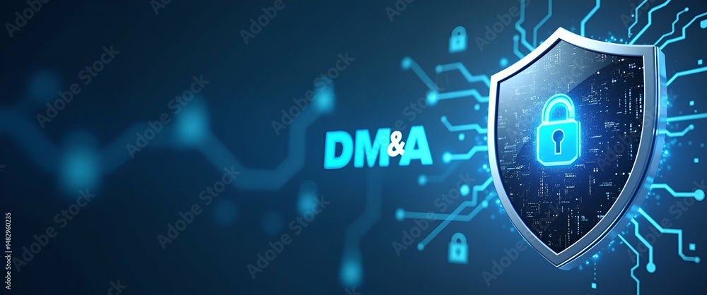 Poster photo realistic shield logo design with dm&a text - symbolizing protective data management for t-shi