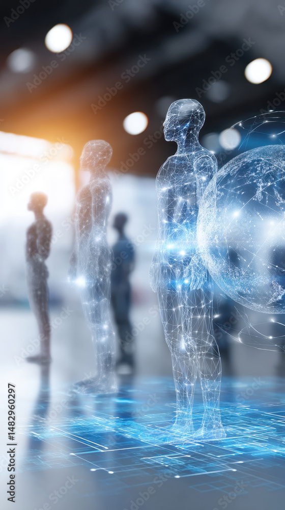 Poster digital human figures represent global business and sme network connection in futuristic environment