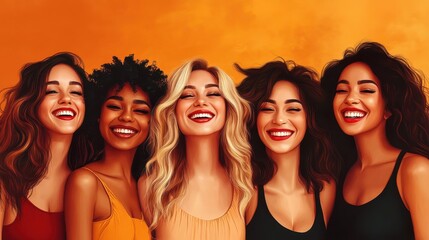 Fototapeta premium Diverse group of young women smiling against vibrant orange background