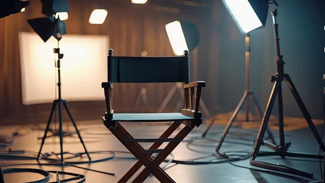 Director's chair in professional film studio surrounded by spotlights, tripods, and lighting equipment on set with cinematic background

