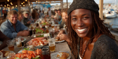 vibrant photograph of diverse individuals enjoying a traditional bavarian weiãÿwurst breakfast with pretzels and wheat beer in a sun-drenched biergarten