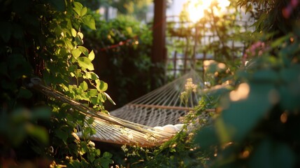 Hammock nestled among lush greenery with sunlight filtering through at sunset