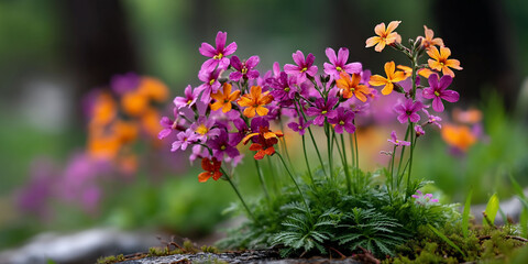 Obraz premium Jeweltoned flowers bloom on a mossy rock
