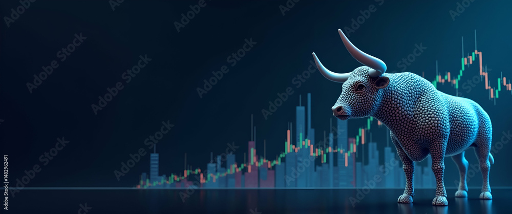 Poster generative ai illustration of a bull and chart for business traders - bull market concept with empty