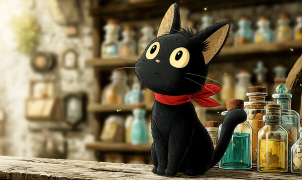 Jiji perched amidst mysterious bottled potions
