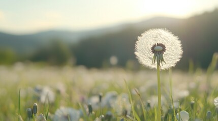 Serene Dandelion Field at Sunset: A Breathtaking View of Nature's Beauty