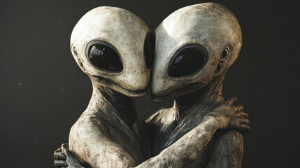 Two alien figures embracing with large eyes and textured skin