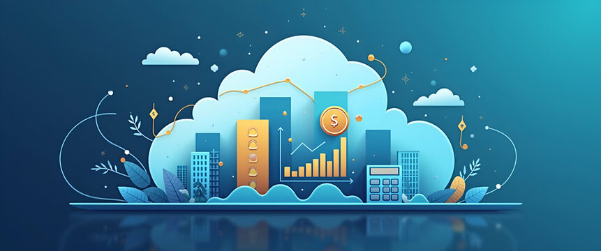 Photo realistic vector illustration of cloud computing cost management featuring financial symbols like coins, graphs, and calculators, emphasizing budget efficiency and financial planning.