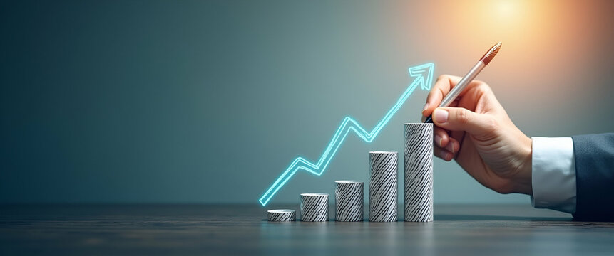 Mark budget down arrow elevate quality up arrow emphasize balancing business cost management and service improvement strategies concept as Executive writes contrasting arrows aligns financial control 