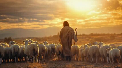 Jesus Christ is the good shepherd. The shepherd walks with a staff, tending a flock of sheep against the backdrop of the sunset sky.