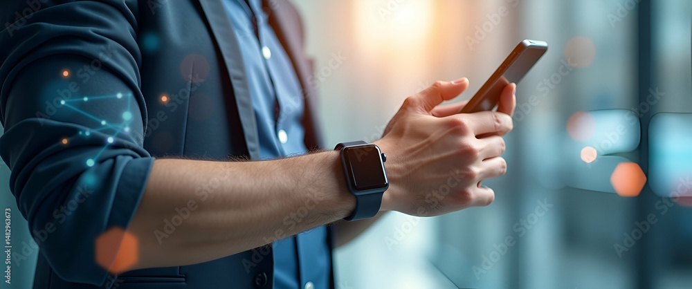 Poster photo realistic individual with smart watch and digital interface: double exposure concept showcasin