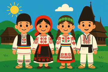 Vector illustration of Romanian children in traditional folk costumes from different regions, standing in a village landscape with wooden houses and church &ndash; cultural heritage, ethnic diversity, and r