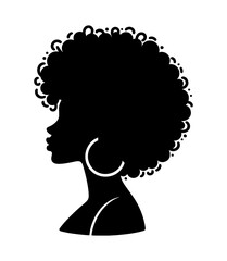 Minimalistic silhouette of a black woman in profile looking left with curly hair styled in an afro