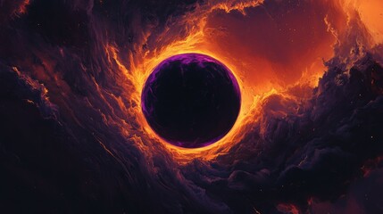 A dramatic solar eclipse is depicted, with a solid black silhouette of the moon perfectly aligned in front of the sun.