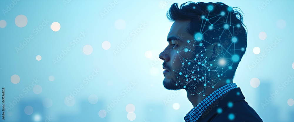 Poster photo realistic double exposure: silhouette of a person intertwined with blockchain network symboliz