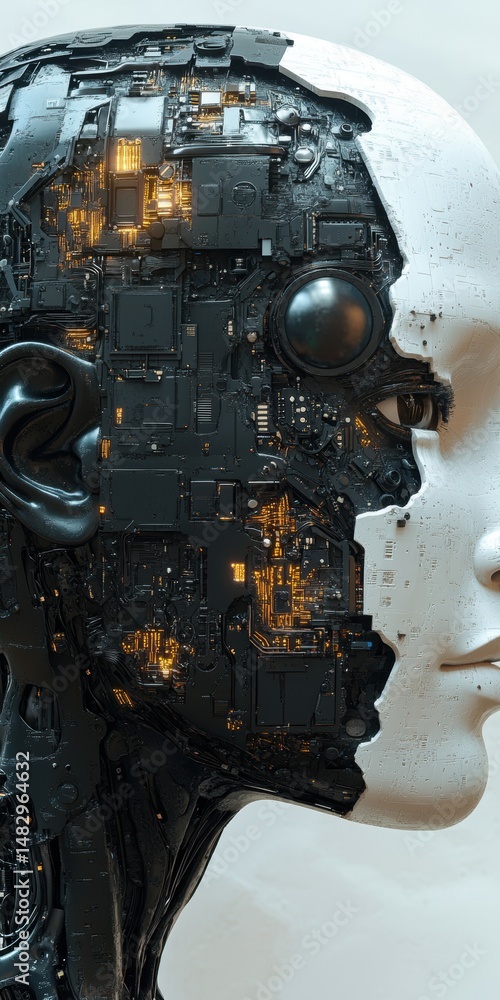 Poster detailed portrait of a bionic android with mechanical parts and artificial skin