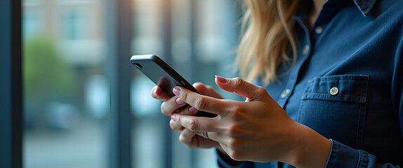Woman Typing on Smartphone: Embracing Digital Communication for Remote Work - Flexibility & Productivity in Workplace Collaboration | Stock Photo Concept