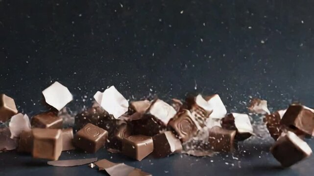Premium chocolates unwrapping in motion with dramatic light 