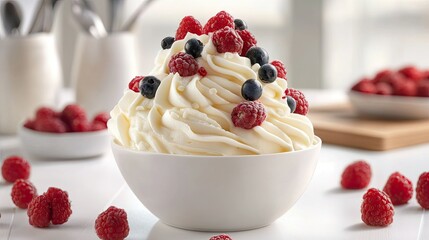 A tall glass filled with creamy vanilla ice cream topped with a rich, dark berry sauce and fresh blackberries.