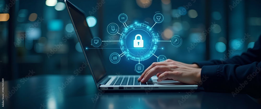Poster hand using laptop with holographic zero trust security icons for advanced cybersecurity and data pro