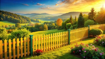 Obraz premium Golden Fence Enclosing a Serene Landscape at Sunset, Featuring Rolling Hills, Lush Greenery, and Vibrant Flower Gardens