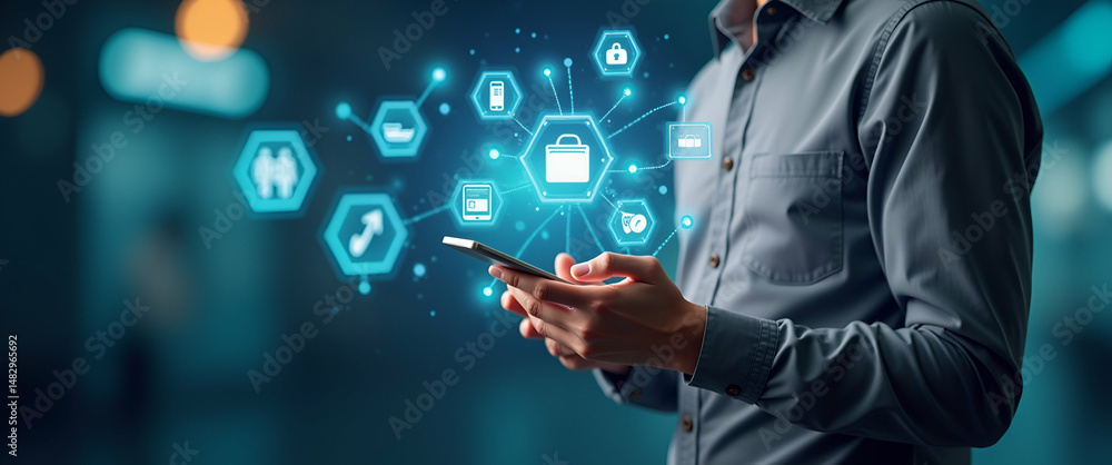 Poster photo realistic as individual with a smartphone and mobile wallet icons overlay symbolizing mobile w