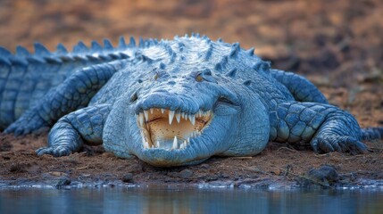 Obraz premium Large, resting crocodile in a muddy bank.