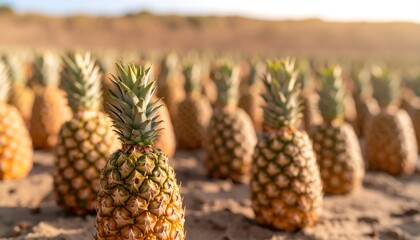 Obraz premium Ripe Pineapples in a Sunny Field at Harvest Time Golden Hour Lighting on Fresh Tropical Fruit