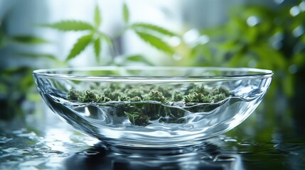 A clear glass bowl filled with large, densely packed cannabis buds featuring a mix of green and orange hues, sitting against a white background.