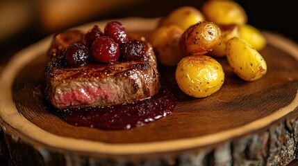 A beautifully plated dish featuring a large, juicy pork chop topped with a glossy berry sauce and fresh cranberries.