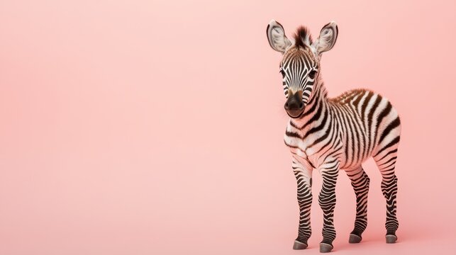 Lindo retrato de beb&eacute; cebra sobre fondo rosa claro para la educaci&oacute;n sobre la vida silvestre y la protecci&oacute;n de los animales.