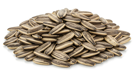 Mound of Black and White Striped Sunflower Seeds on White Background Showing Natural Texture and Pattern