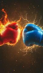 A blue boxing glove confronts a red boxing glove engulfed in flames head on