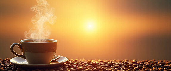 Morning Coffee Sunrise Border: Create Motivational Posters for International Coffee Day with Coffee Elements and Copy Space on the Left Side