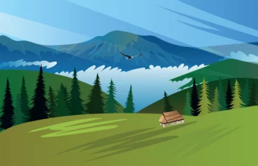 Gordijnen Mountain landscape with wooden house in the forest. Blue sky with clouds and green grass. Vector illustration. © Loya.art