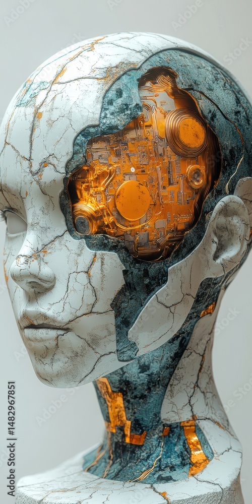 Poster cracked artificial intelligence head exposing internal circuitry in studio setting