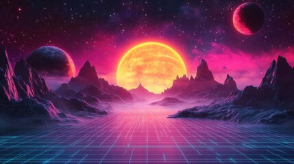 Vibrant retro-futuristic landscape with neon sun and planets