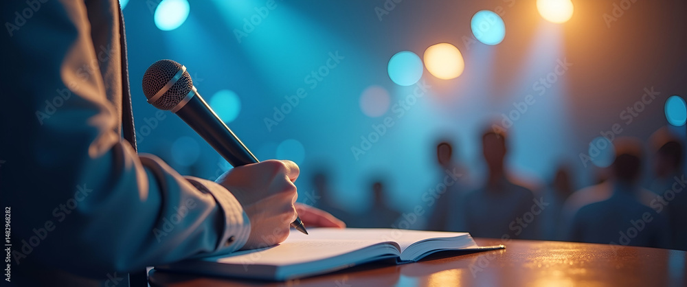 Poster photo realistic speaker with microphone and notes - dreamy background for public speaking and presen