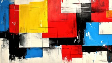 Geometric abstract. Blue, yellow, red, black, and white rectangular shapes