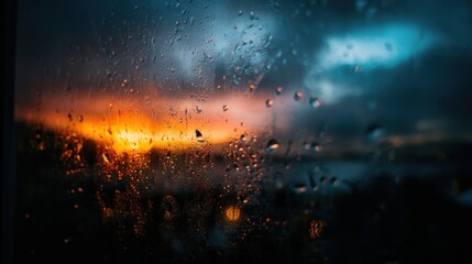 Raindrops on glass show sunrise, creating an atmosphere of quiet reflection and peaceful contemplation