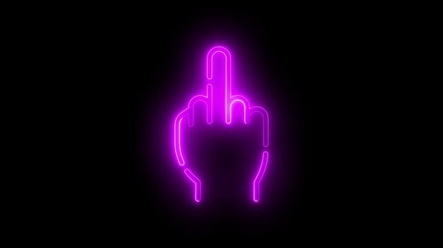 Fuck you, fuck off, provocation gesture neon sign fluorescent light glowing on black background. Symbol fuck you by neon lights
