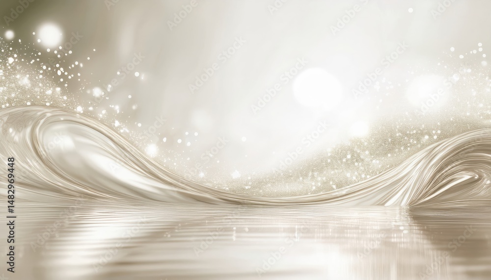 Poster luxurious pearl wave with glowing bokeh and fluid metallic textures for elegant web design, print background, or premium branding

