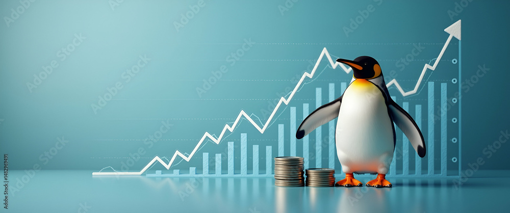 Poster photo realistic as a penguin and a savings graph symbolizing monitored savings in double exposure wi