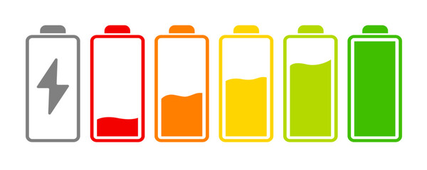 Flat vector set of multicolor battery charge icons, representing various power levels on transparent bacground. EPS10
