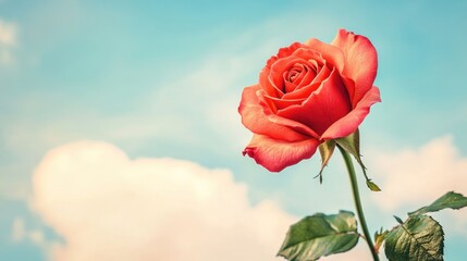 A Single Coral Rose Against a Pastel Sky: A Symbol of Beauty and Tranquility