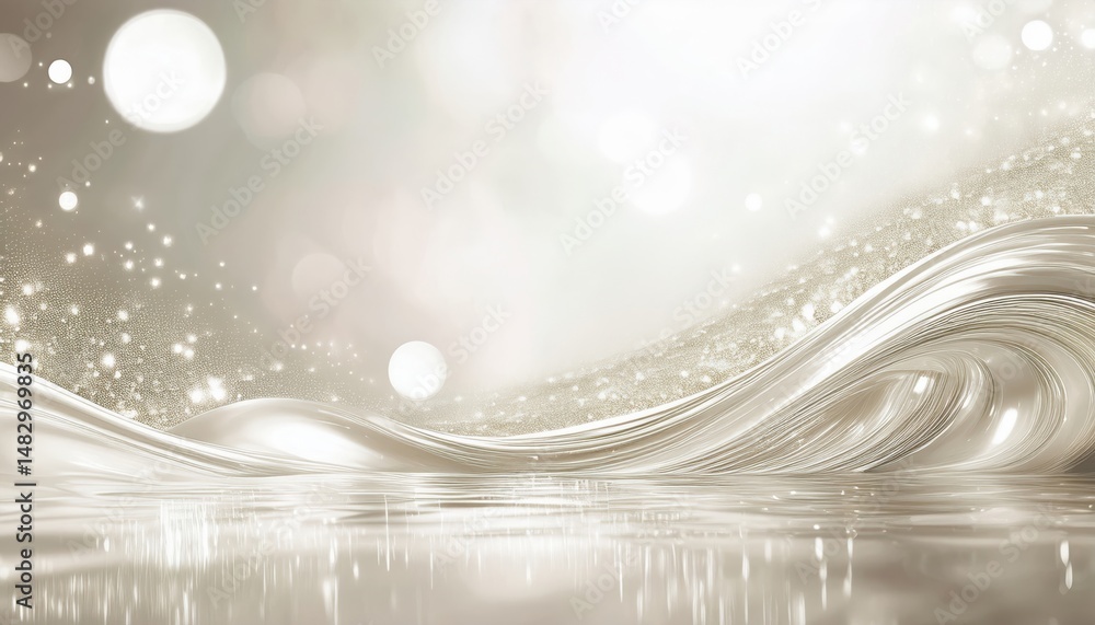 Poster luxurious pearl wave with glowing bokeh and fluid metallic textures for elegant web design, print ba