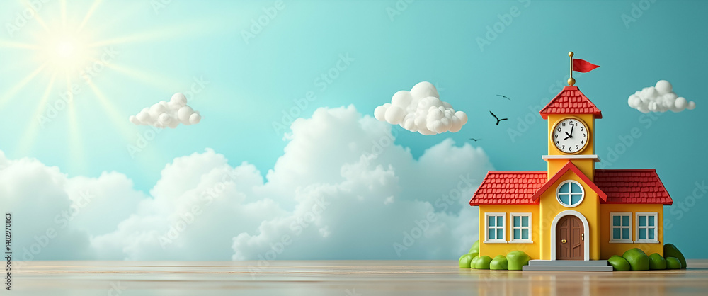 Poster photo realistic as school building and clock concept as a whimsical school building with a clock set