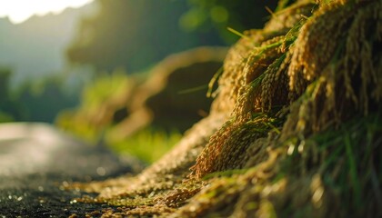 Golden Rice Harvested in Rural Setting at Sunset Abundant Crop of Rice Grains Ready for Processing