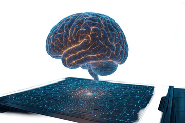 Futuristic digital brain illustration hovering above a circuit board, symbolizing advanced technology, artificial intelligence, and neural networks in a visually striking and conceptual design