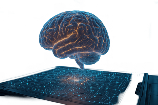 Futuristic digital brain illustration hovering above a circuit board, symbolizing advanced technology, artificial intelligence, and neural networks in a visually striking and conceptual design